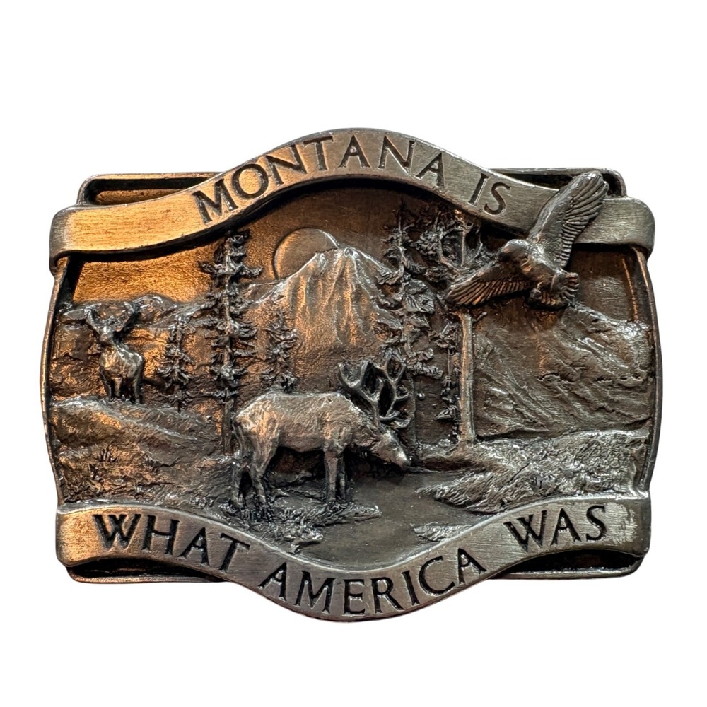 Bergamot Brass Works Montana Wildlife Belt Buckle Mens Vintage 1981 Pewter Eagle
